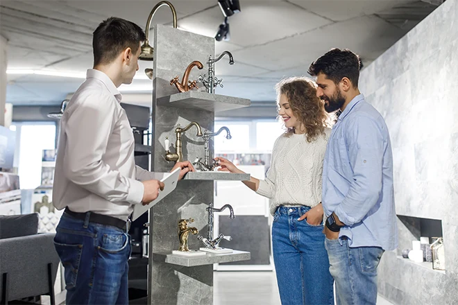 Couple with designer choosing faucets