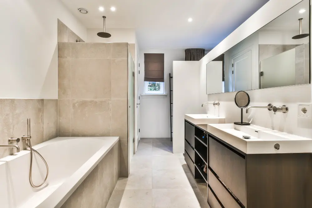 Modern Bathroom Remodel With Bath Tub And A Double Vanity