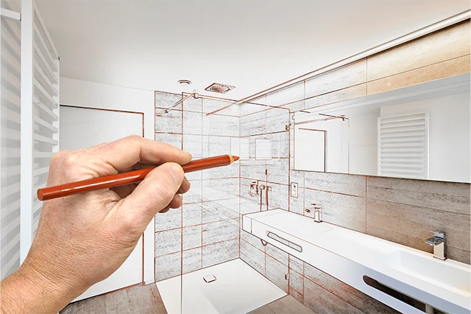 Hand drawing a bathroom remodel that is coming to life