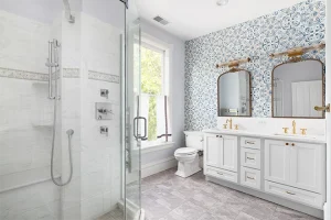 Large bathroom with tile bathroom accent wall ideas