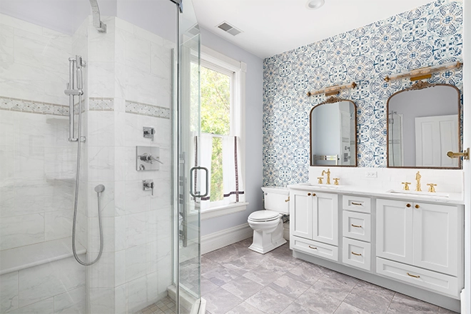 Large bathroom with tile bathroom accent wall ideas