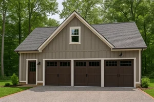 3 Car garage with space above the garage and a dormer