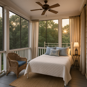 Sleeping porch with bed and fan and chair