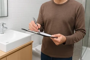 ChatGPT Image of someone checking their bathroom remodeling checklist in their bathroom