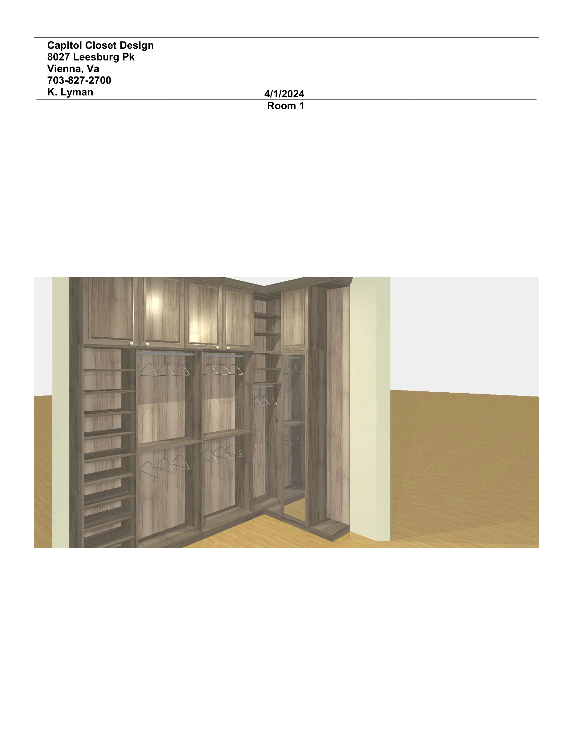 Wooden built-in closet with multiple shelving units, hanging rods, and drawers in a corner, resembling a walk-in wardrobe interior (3D render).